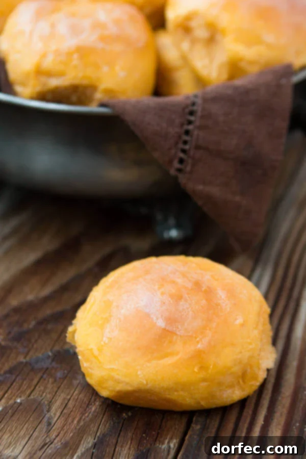 Perfectly Baked Sweet Potato Roll A single soft yeast roll in focus, with a blurred basket of sweet potato rolls in the background.