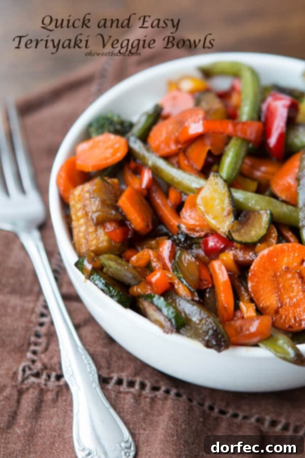teriyaki vegetables in white bowl next to fork