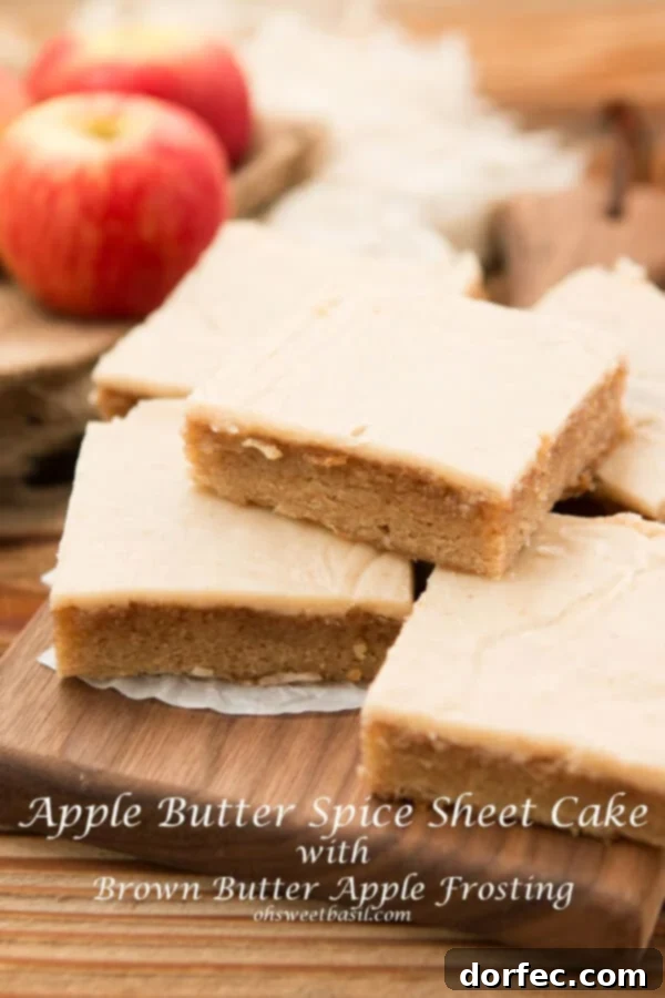 HOLY YUM. Apple butter spice sheet cake with brown butter apple frosting! ohsweetbasil.com