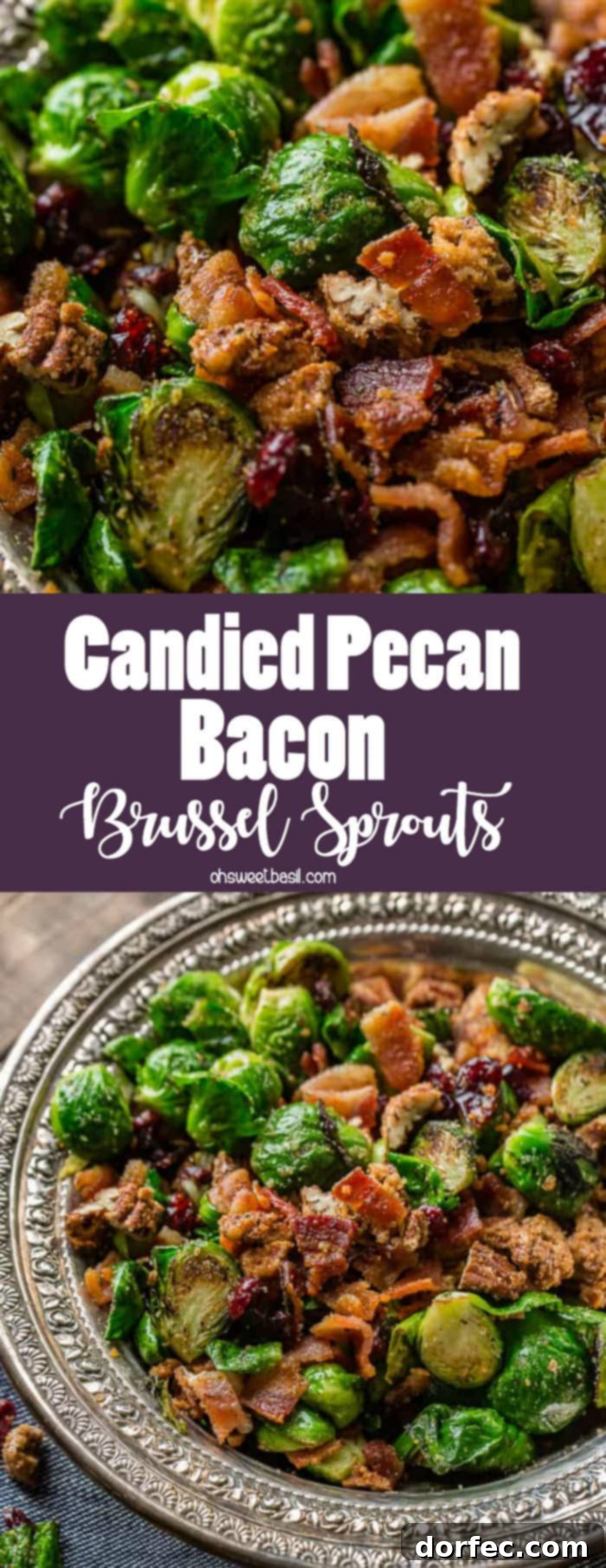 A wide shot of the pan with crispy Candied Pecan Bacon Brussels Sprouts, ready to be transferred to a serving dish, highlighting the golden-brown color and delicious texture.