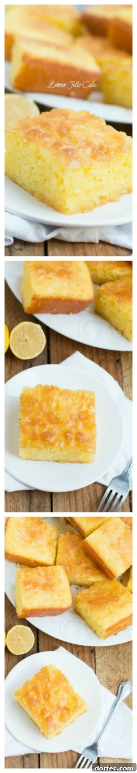 A vibrant, close-up image of a perfectly baked Lemon Jello Cake, showcasing its texture.