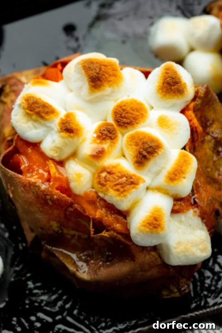 The Ultimate Texas Roadhouse Loaded Sweet Potato at Home 6 An overhead shot of a baked sweet potato generously topped with golden, toasted mini marshmallows, showcasing its irresistible appeal.