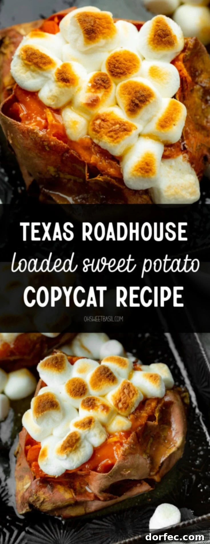 The Ultimate Texas Roadhouse Loaded Sweet Potato at Home 9 A high-angle shot of a baked sweet potato, beautifully topped with golden-brown toasted mini marshmallows and a drizzle of caramel sauce.
