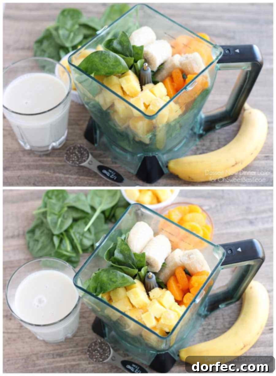 Vibrant Pineapple Orange Banana Green Smoothie served in a glass