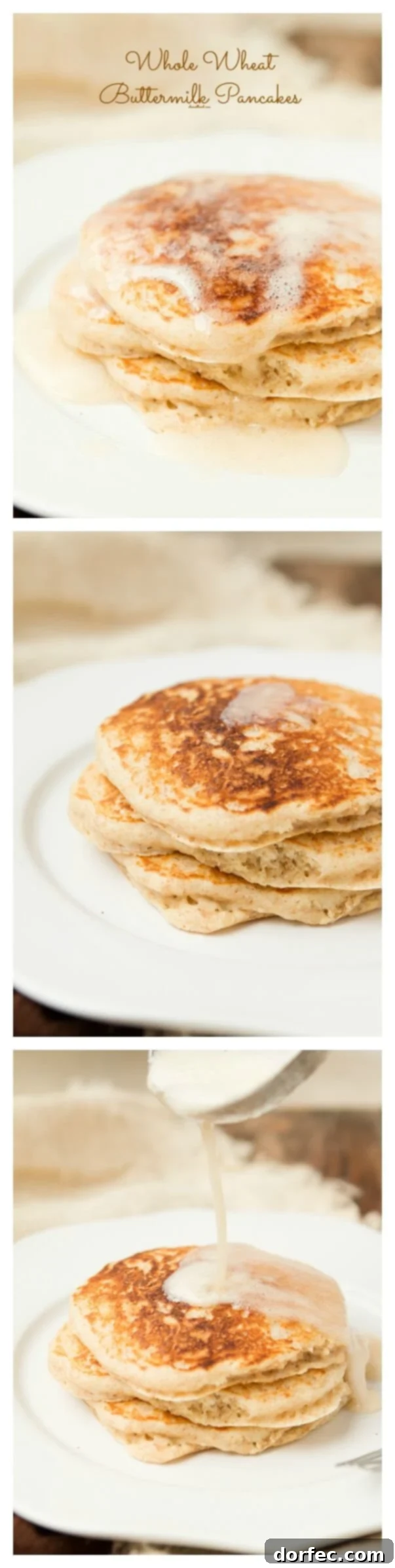 A close-up of light and fluffy whole wheat buttermilk pancakes, ready for breakfast.
