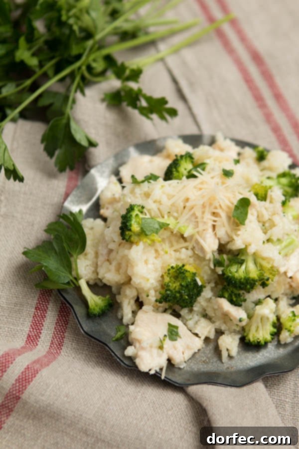 Easy Slow Cooker Chicken Alfredo Rice Casserole, a creamy and delicious family meal from Oh Sweet Basil