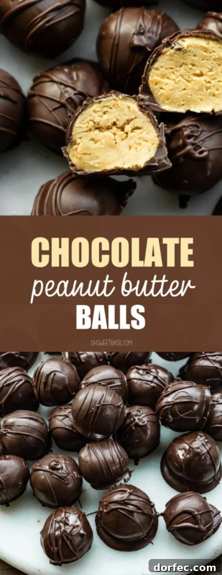 A close-up photo of a peanut butter truffle coated in dark chocolate, sliced in half to show the creamy interior.