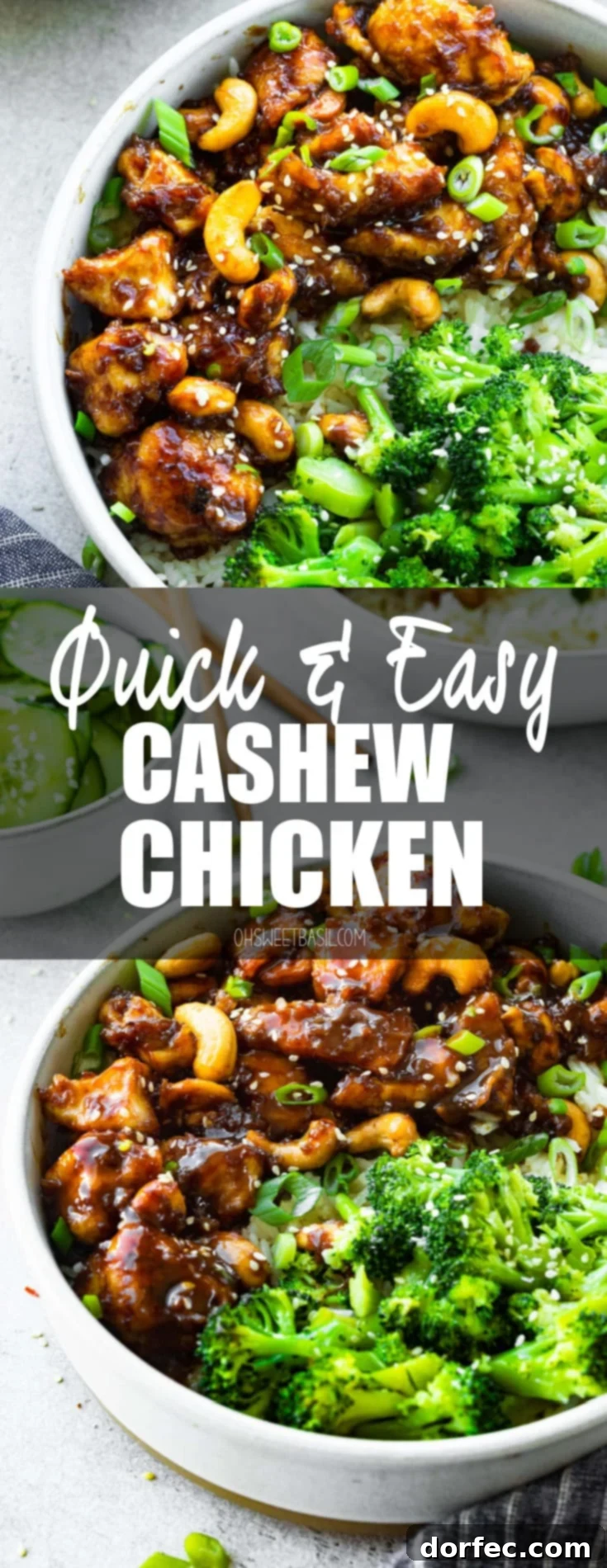 A beautifully presented bowl of saucy Asian cashew chicken, generously mixed with roasted nuts, served alongside a vibrant portion of steamed broccoli.
