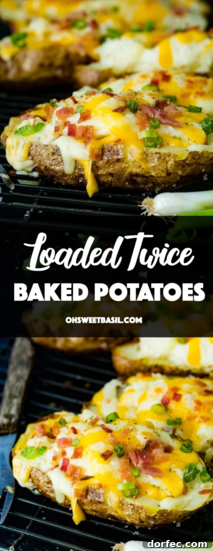 A cooling rack with an appetizing array of cheesy topped twice baked potatoes, complete with savory bacon crumbles