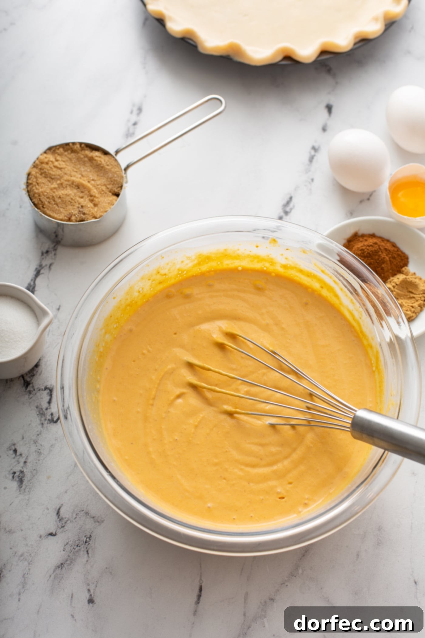A vibrant orange pumpkin pie filling, perfectly smooth and ready to bake, sits in a clear glass bowl, surrounded by the fresh ingredients used to create this classic fall dessert.