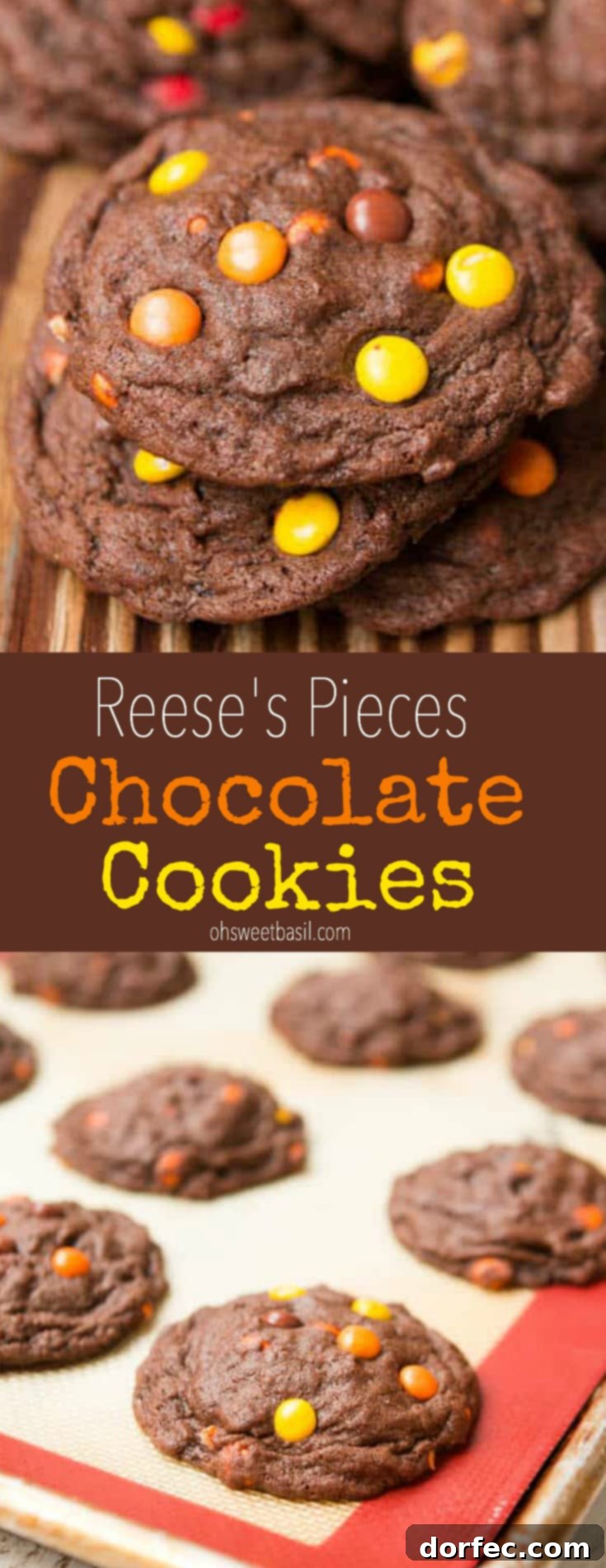 A stack of the best Chocolate Reese’s Pieces Cookies, rich with chocolate and peanut butter. Perfect for an after-school snack or a fun festive treat for a Halloween party.