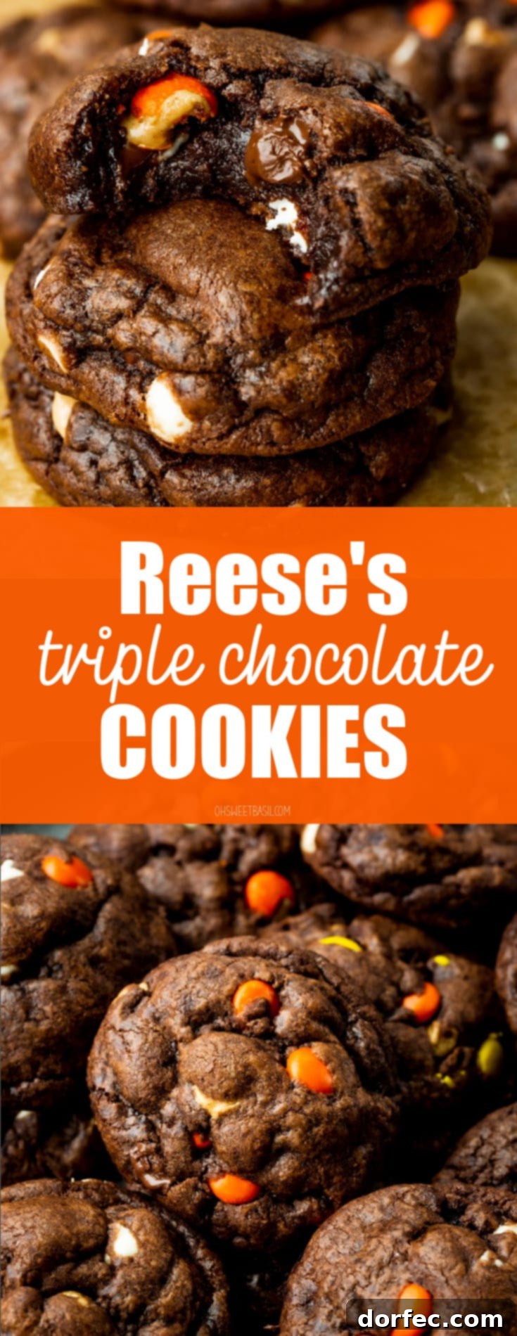 A close-up photo of three triple chocolate Reese's cookies stacked on each other with a bite taken out of the top cookie, showcasing the rich texture and colorful mix-ins.