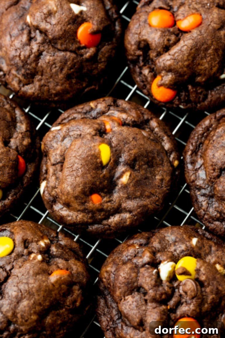 Several thick and chewy Reese's Triple Chocolate Cookies cooling on a wire rack, showcasing their rich color and generous mix-ins.