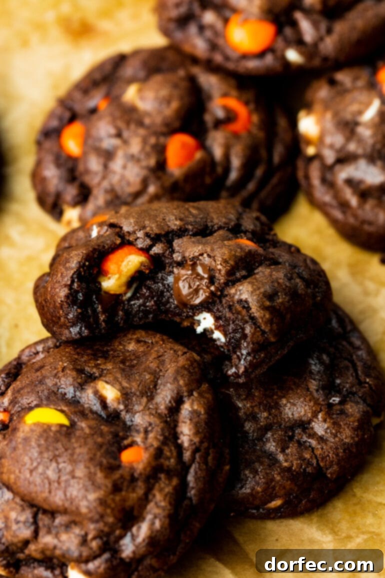 A thick and chewy chocolate cookie with a bite taken out of it, sitting atop two other cookies, illustrating its rich, fudgy texture and abundant chocolate and peanut butter mix-ins.