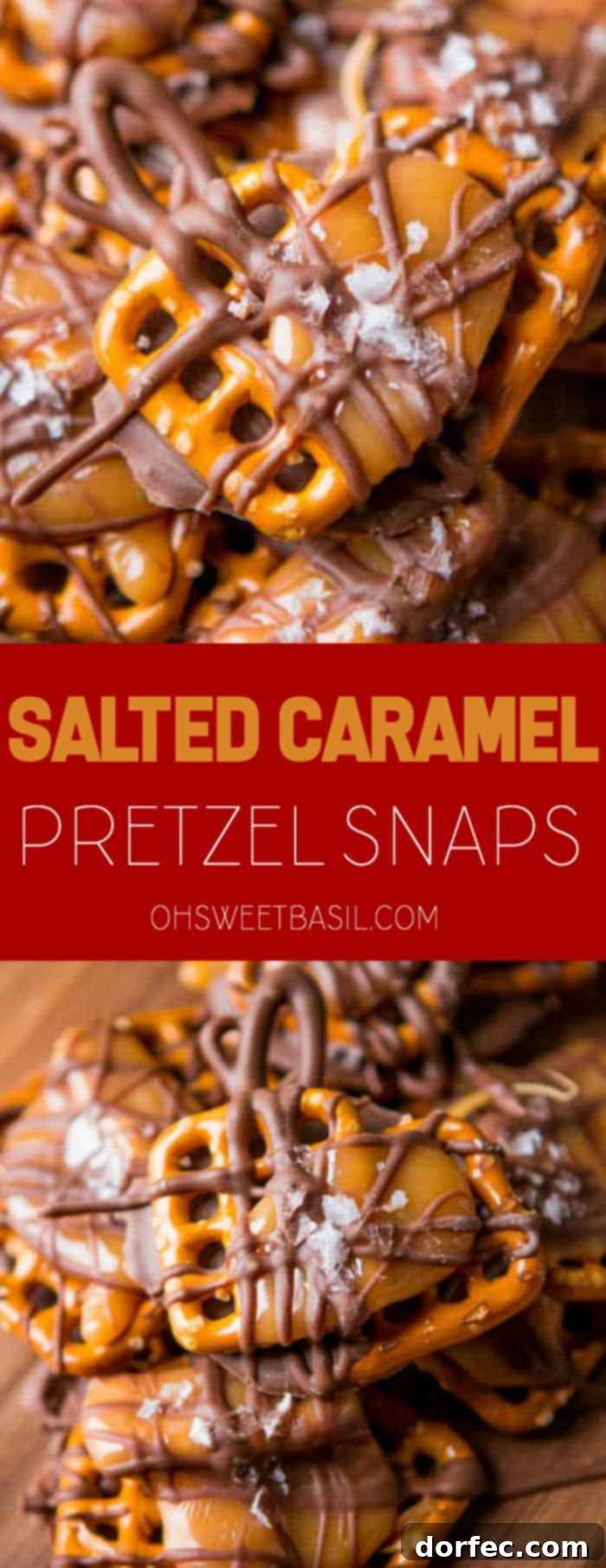 A beautifully composed shot of salted caramel pretzel snaps, arranged artfully, with rich chocolate, crunchy pretzels, gooey caramel, and sparkling sea salt visible.