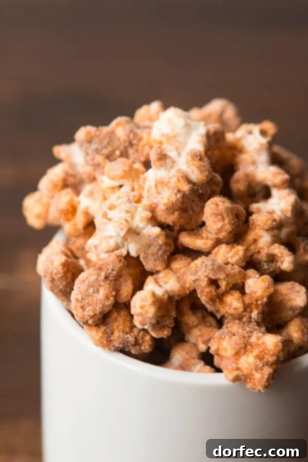 A large serving bowl filled with irresistible churro popcorn