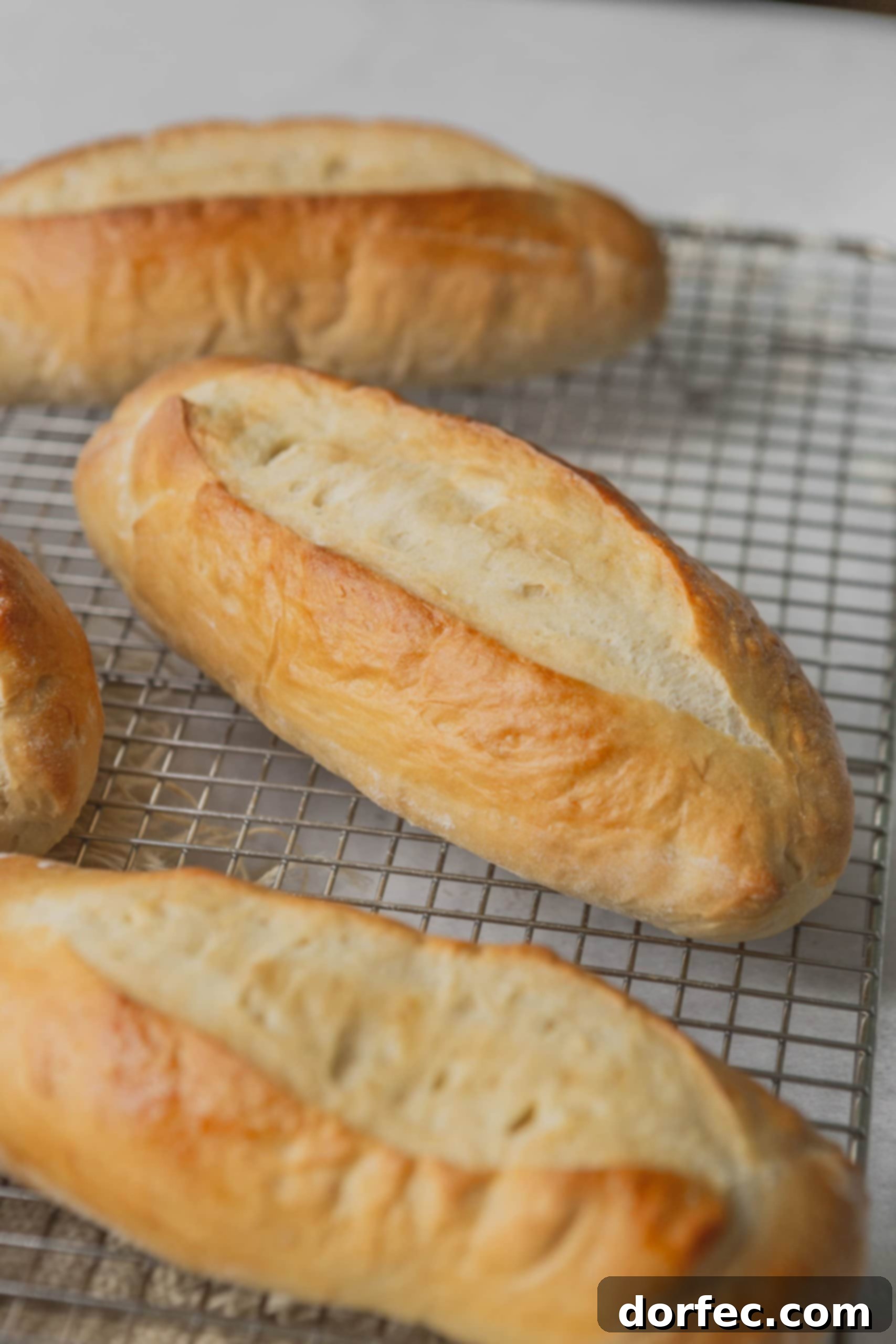 A golden brown hoagie roll resting on a wire cooling rack, with other rolls blurred in the background, highlighting the perfect texture.
