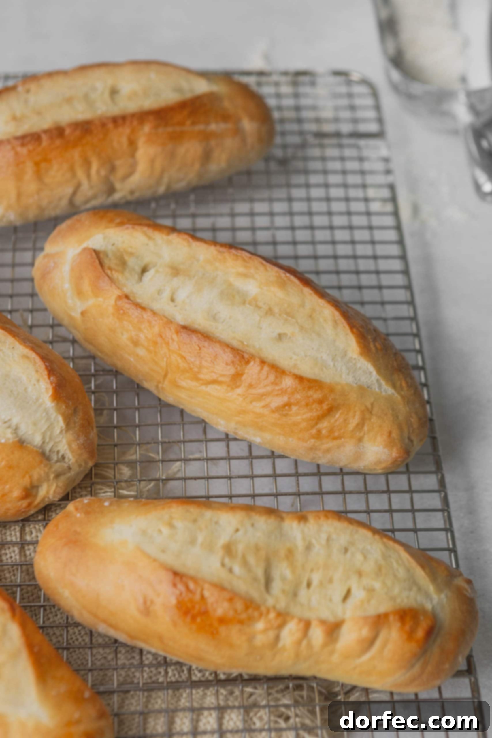 Four golden brown hoagie rolls perfectly lined up on a wire cooling rack, ready to be sliced and filled.