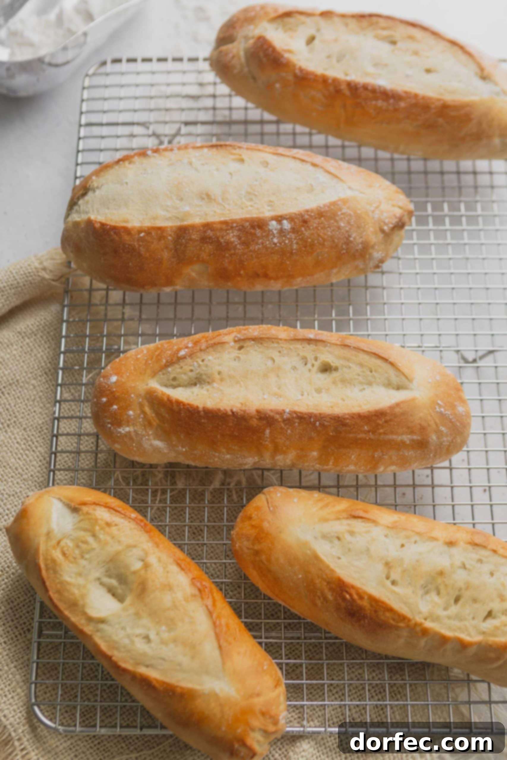 Four freshly baked hoagie rolls, golden brown and perfectly shaped, cooling on a wire rack.