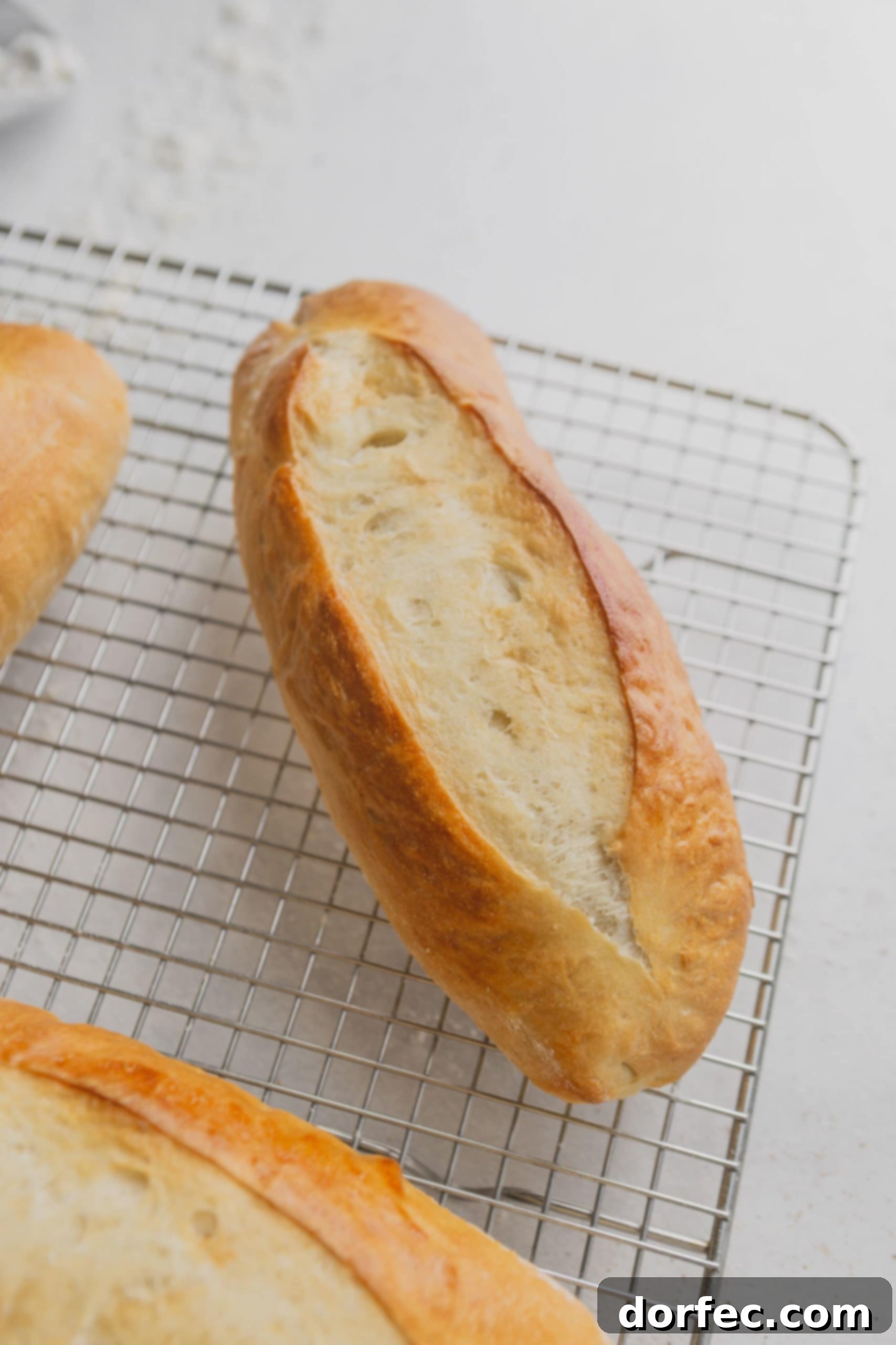 A single, perfectly golden hoagie roll resting on a wire cooling rack, showcasing its inviting crust.