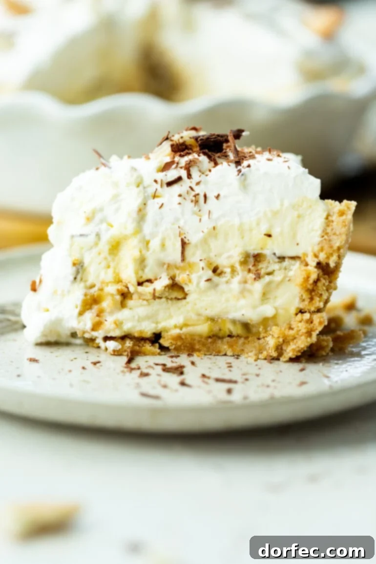 A large slice of double-layered banana pudding pie topped with whipped cream and shaved chocolate