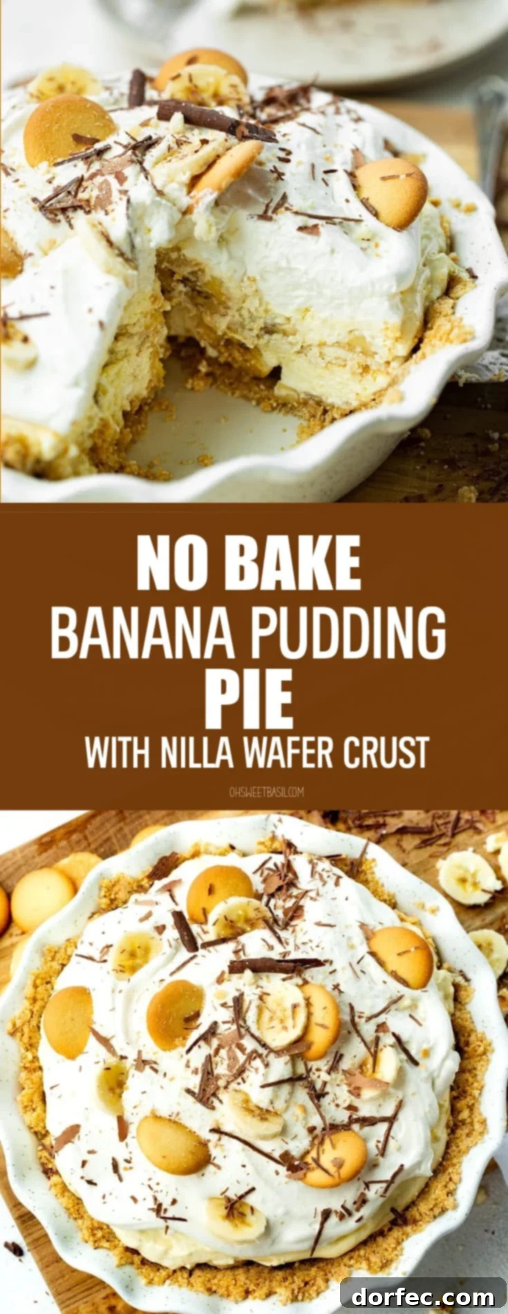 A photo of a thick creamy banana cream pudding pie in a white baking dish with a piece removed so you can see the inside.
