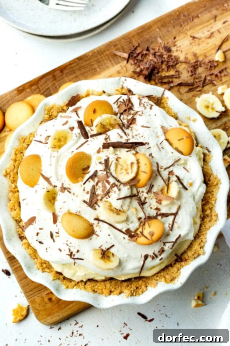 A photo taken over the top of a banana pudding pie topped with whipped cream, whole Nilla wafers, and shaved chocolate