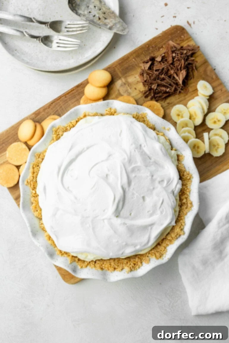 A photo of a whole creamy banana pudding pie with slices of banana sitting next to it and several Nilla Wafers.