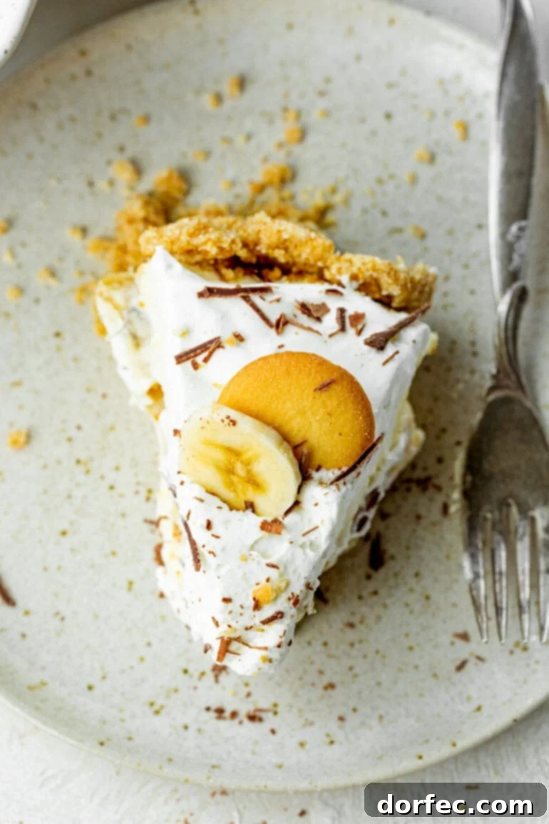 A photo taken over the top of a slice of banana cream pudding pie topped with a slice of banana and a Nilla wafer and chocolate shavings