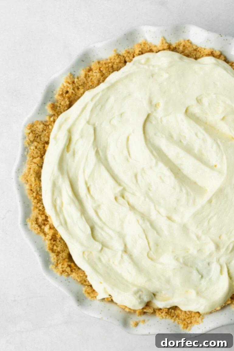 A photo of a creamy banana pudding pie with a Nilla wafer crust in a white pie dish