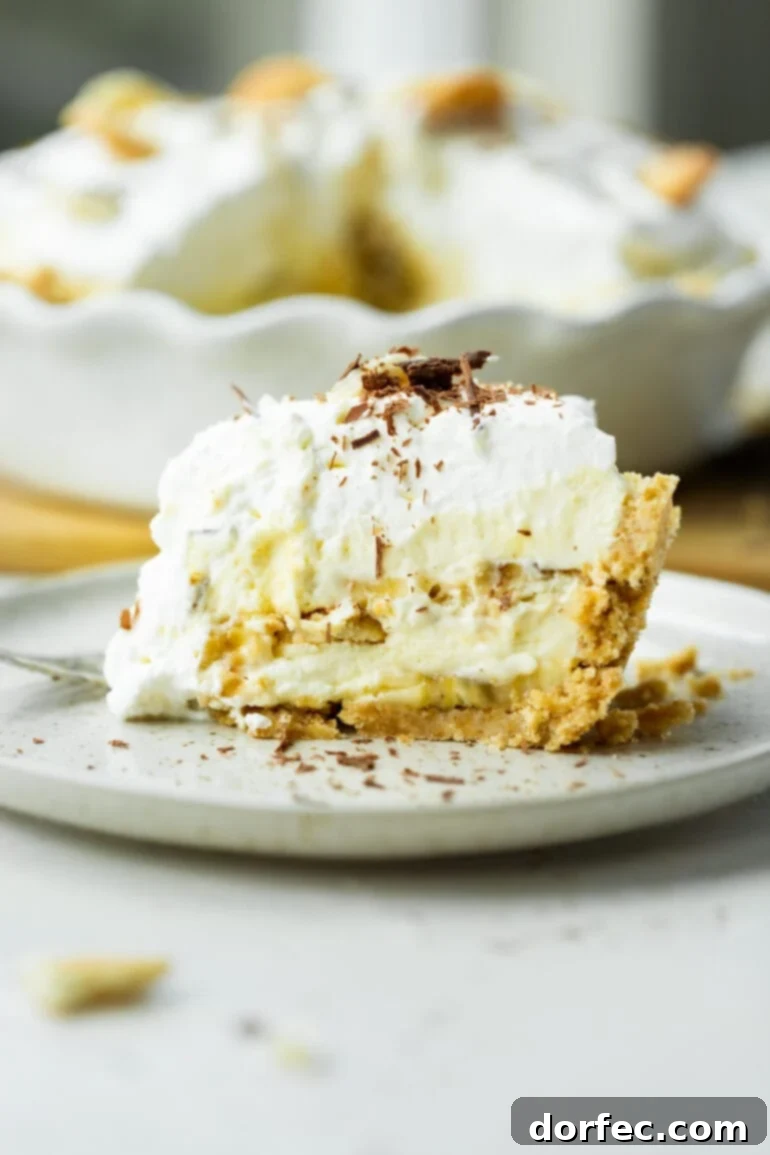 A photo of a slice of banana pudding cream pie sitting on a dessert plate so you can see the cross-section of the slice