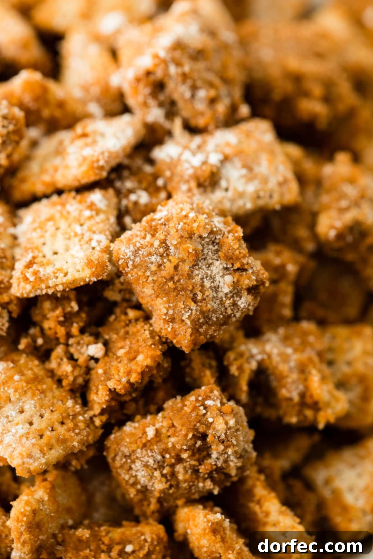 A close-up of a bowl filled with a fun and easy sweet churro chex mix, perfect for parties, entertaining, or a cozy night at home with Netflix.