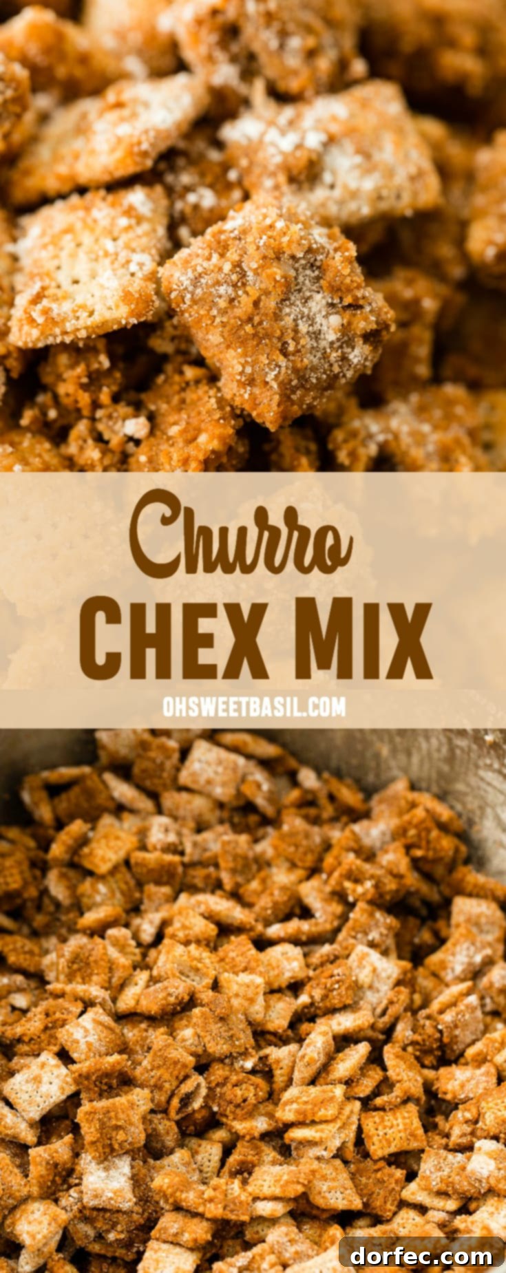 A large, rustic bowl filled with Churro Chex Mix, highlighting its golden-brown color and sweet cinnamon sugar coating.