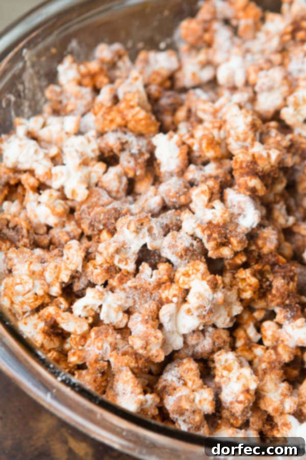The popcorn recipe of the year, churro popcorn by ohsweetbasil.com, showcasing a bowl of fluffy popcorn coated in cinnamon sugar.
