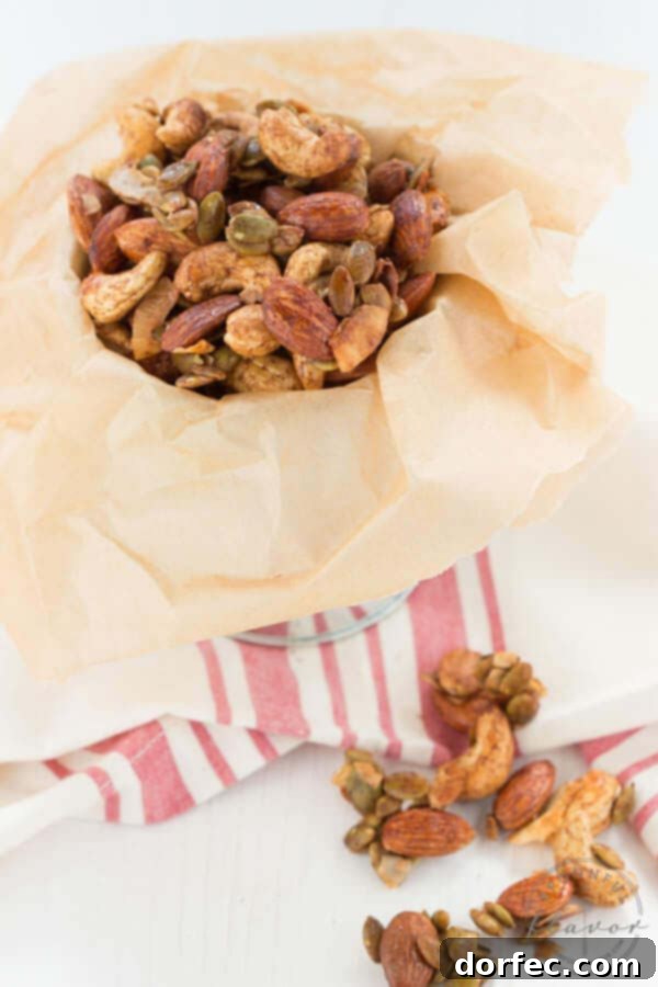 A bowl filled with freshly made Spiced Trail Mix, perfect for healthy snacking.