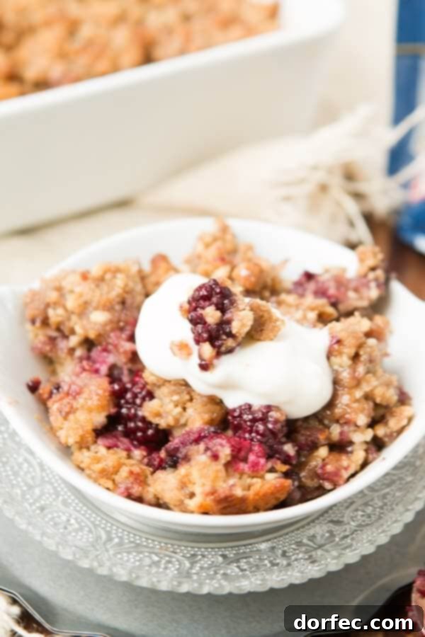 Full Tray of Blackberry Cobbler Baked Oatmeal with Walnut Crumble Overhead shot of the entire baking dish of Blackberry Cobbler Baked Oatmeal, showcasing the golden, textured walnut crumble topping.