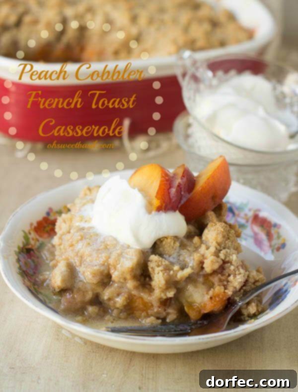 Blackberry Cobbler Baked Oats with Crunchy Walnut Crumble 3 A golden-brown peach cobbler French toast casserole, baked in a dish and ready to be served for a hearty breakfast or brunch.