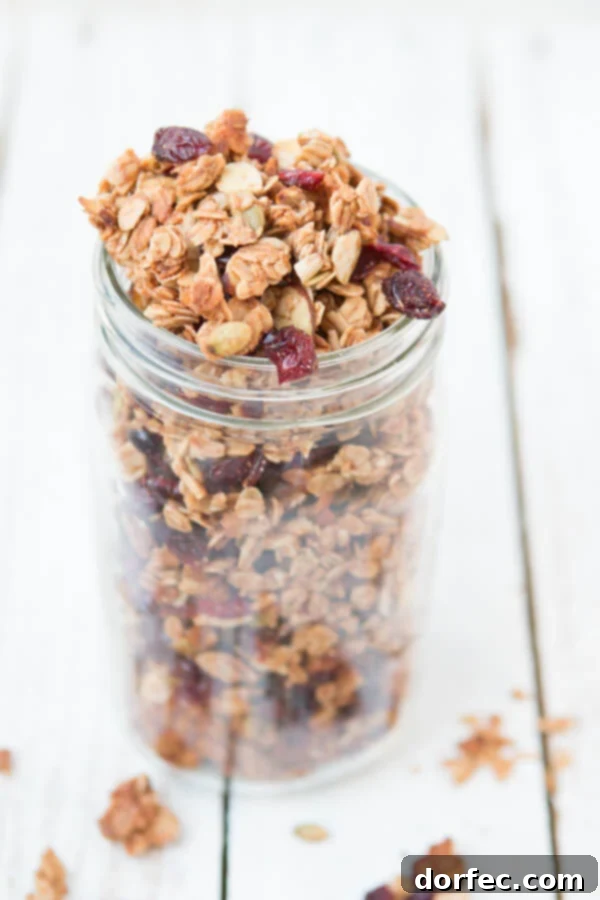 Blackberry Cobbler Baked Oats with Crunchy Walnut Crumble 4 Homemade strawberry almond granola in a bowl, featuring large clusters of oats, nuts, and dried fruit for a crunchy, healthy breakfast.