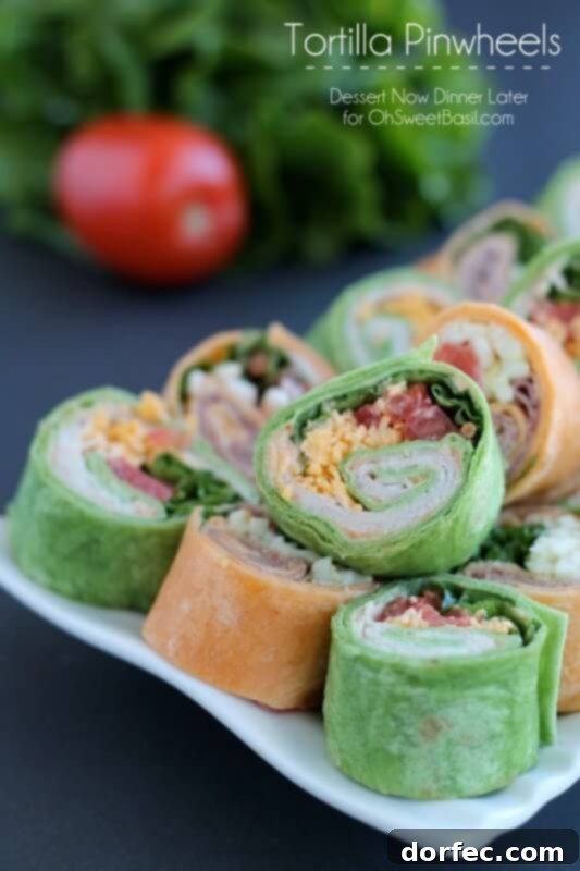 Easy and Delicious Tortilla Pinwheels Colorful tortilla pinwheels appetizer, perfect for parties
