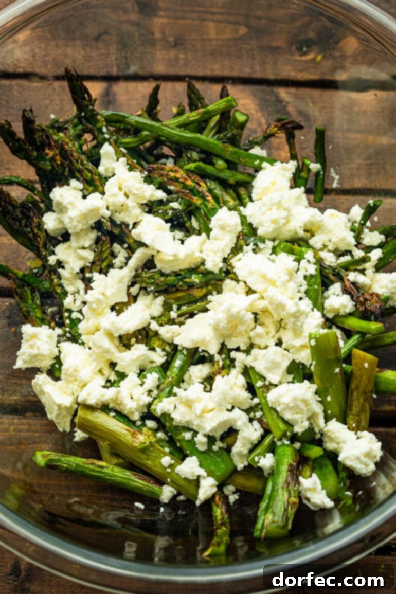 Zesty 5-Minute Lemon Feta Grilled Asparagus 7 A step-by-step visual of asparagus preparation, showing raw spears on a cutting board and a finished dish of grilled asparagus with feta cheese.