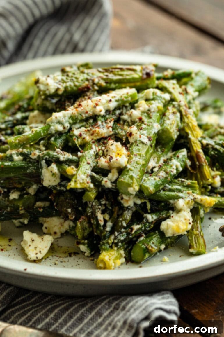 Zesty 5-Minute Lemon Feta Grilled Asparagus 8 A beautifully arranged plate featuring grilled asparagus tossed with feta cheese and lemon dressing, finished with a sprinkle of salt and pepper.