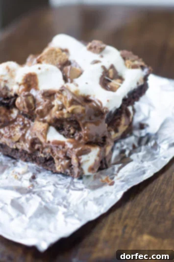 Reese's Marshmallow Brownies, a gooey and chocolatey treat with peanut butter and marshmallow from ohsweetbasil.com
