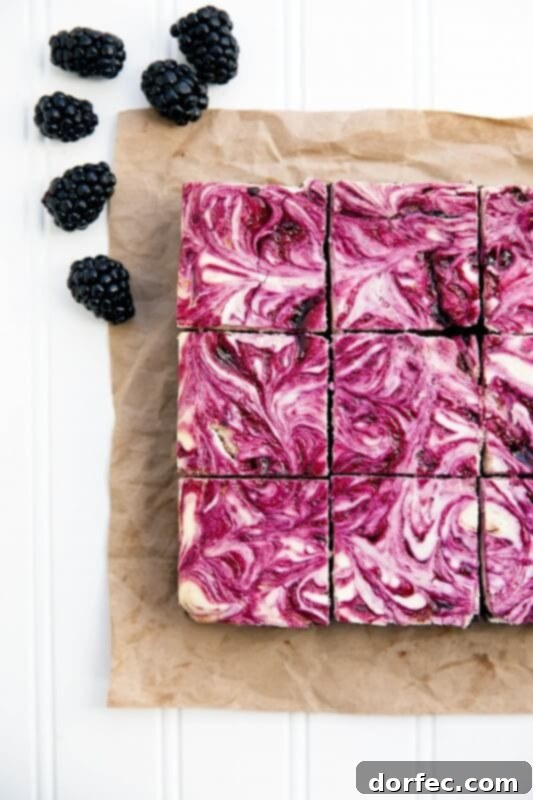 A close-up of beautifully swirled blackberry cheesecake brownies resting on brown parchment paper, surrounded by fresh blackberries, highlighting the intricate pattern and rich dessert.