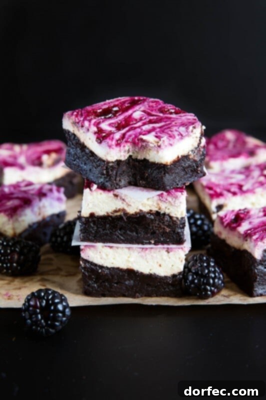 Blackberry cheesecake brownies that will have everyone begging for seconds, showcasing their perfect texture and vibrant swirl.