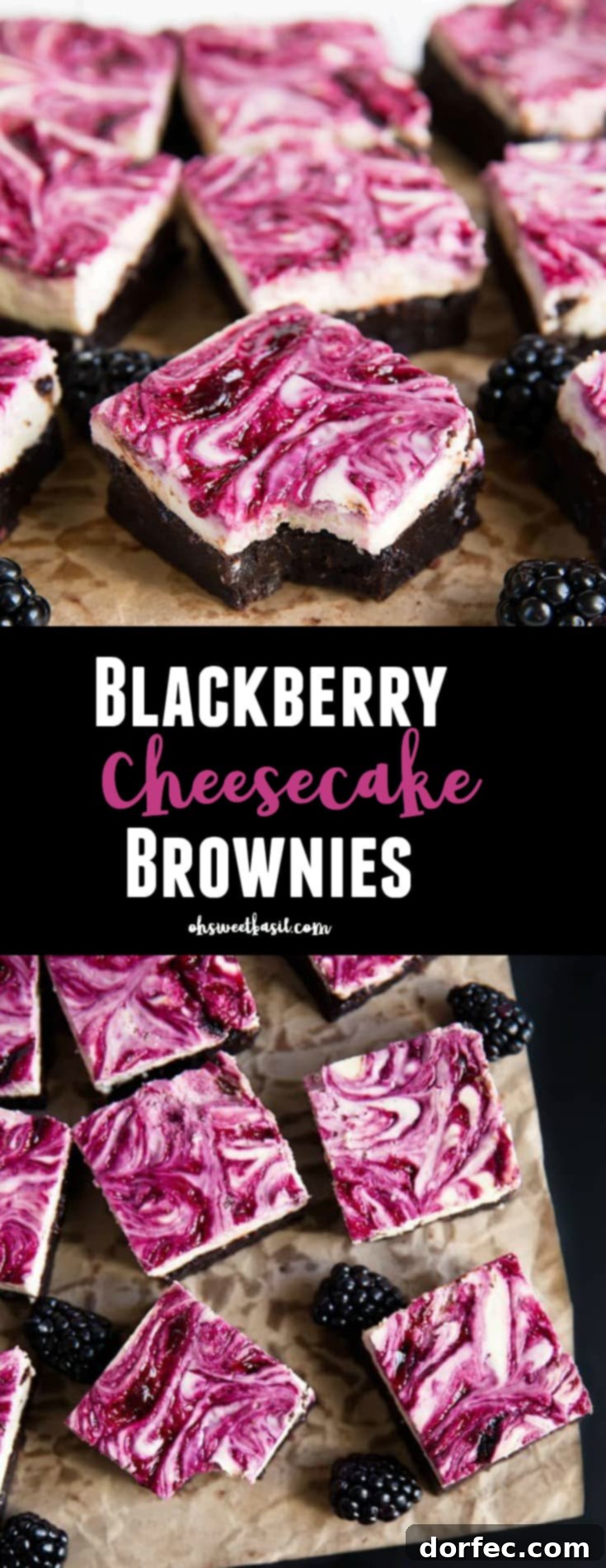 A pan of Blackberry Cheesecake Brownies with a bite taken out, showing the perfect layers and delicious texture.