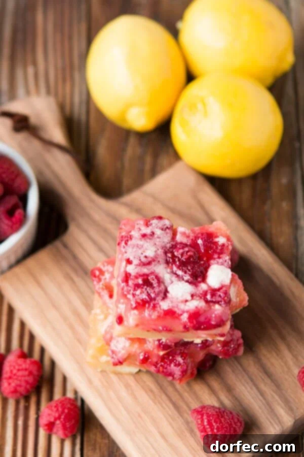 Two square Raspberry Lemon Bars are perfectly stacked on top of each other, showcasing their distinct layers of golden crust and vibrant, fruit-filled topping.