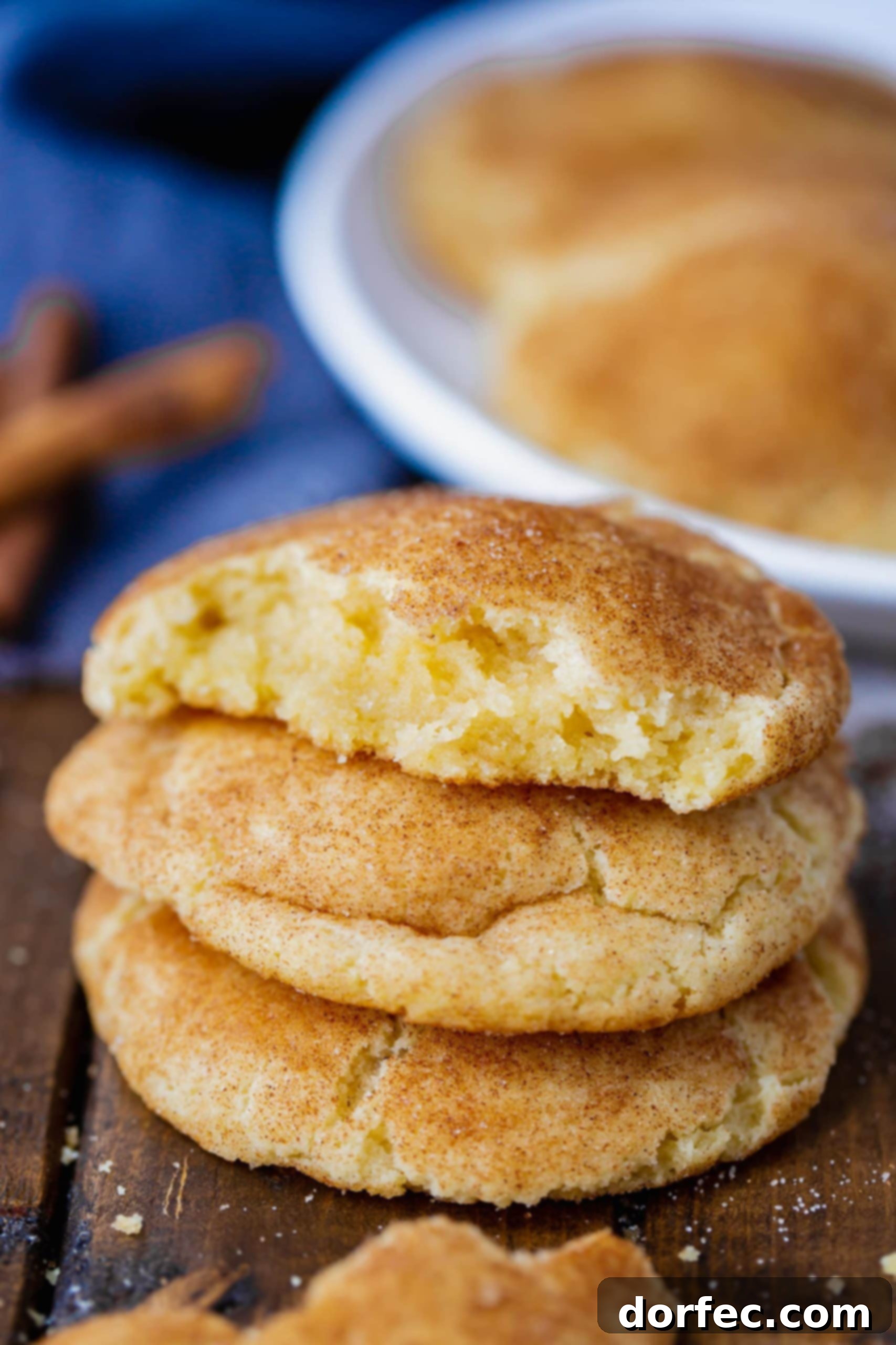 A close-up photo of a stack of three soft and chewy snickerdoodle cookies, with the top cookie broken in half, highlighting its moist interior and sugar coating.
