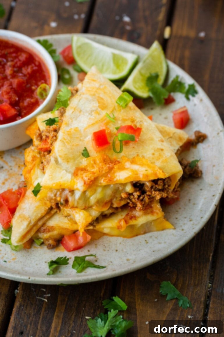 Several triangular sections of a ground beef quesadilla, beautifully stacked, with rich filling visible.