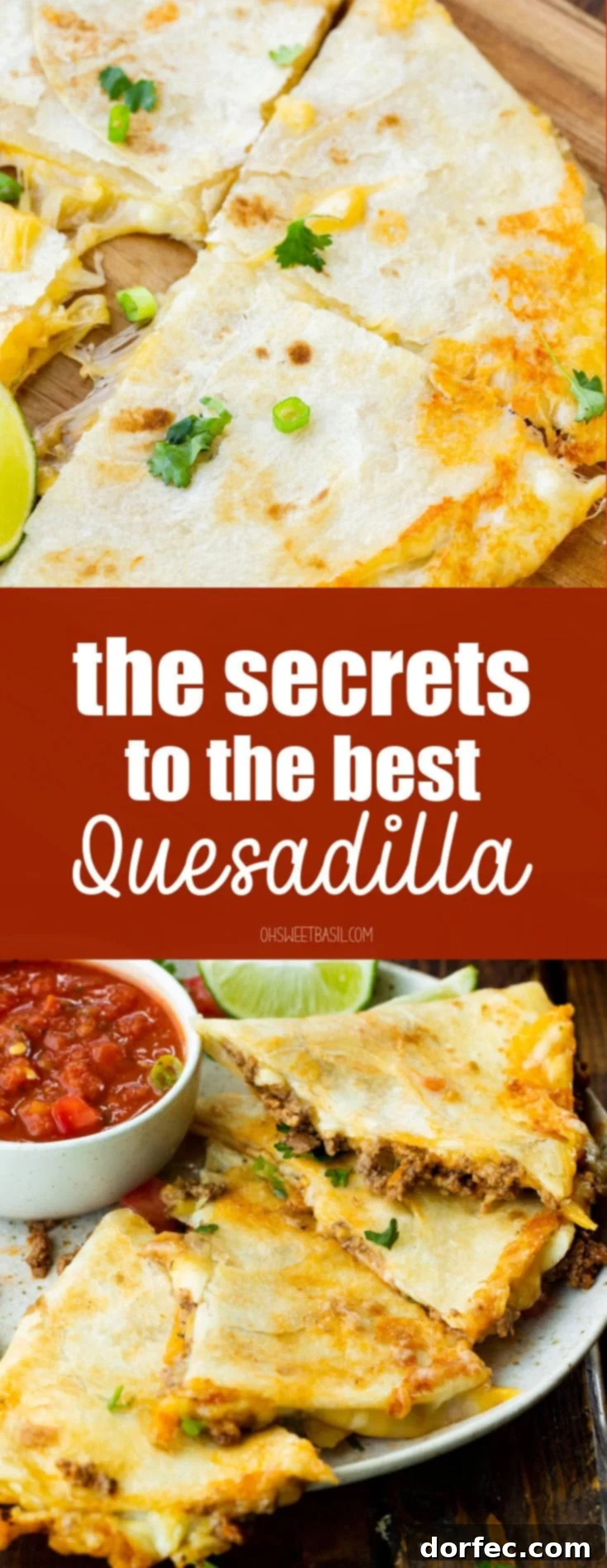 Several triangular segments of golden cheesy ground beef quesadilla sitting on a plate next to a small bowl of salsa.