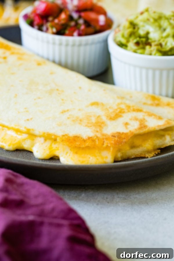 A inviting cheese quesadilla on a plate, with bowls of vibrant pico de gallo and luscious guacamole in the background, promising a flavorful experience.